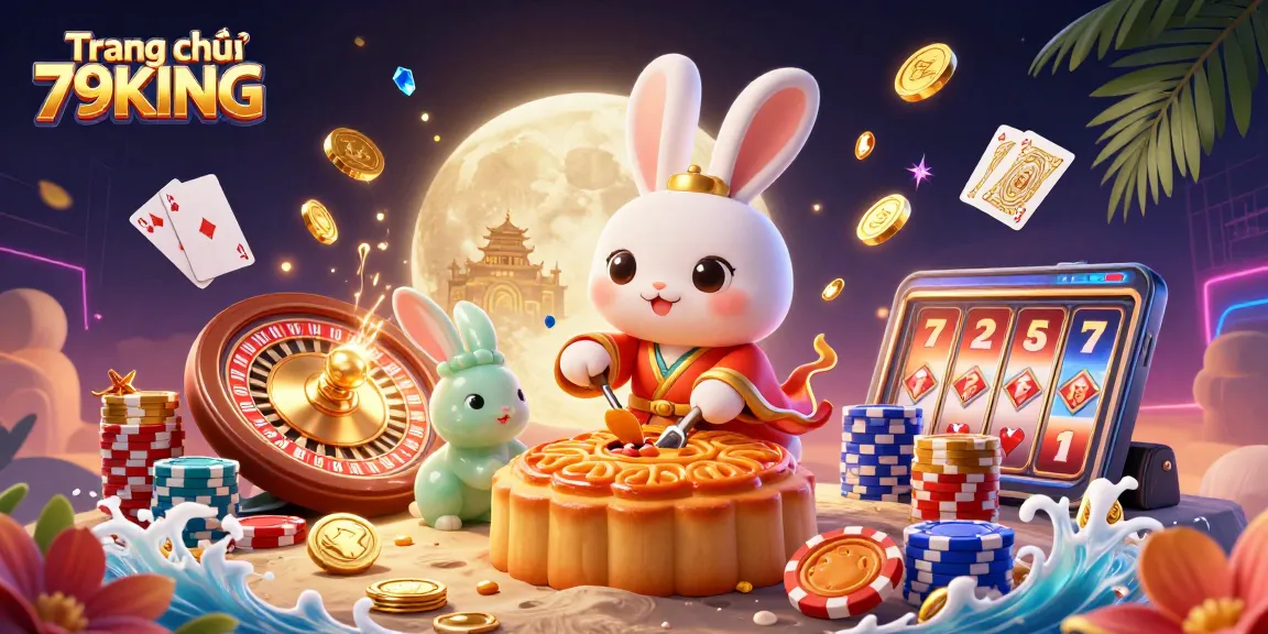 Engage with Trang chủ 79KING's vibrant 3D casino illustration showcasing a lucky moon rabbit amidst dynamic gaming elements.