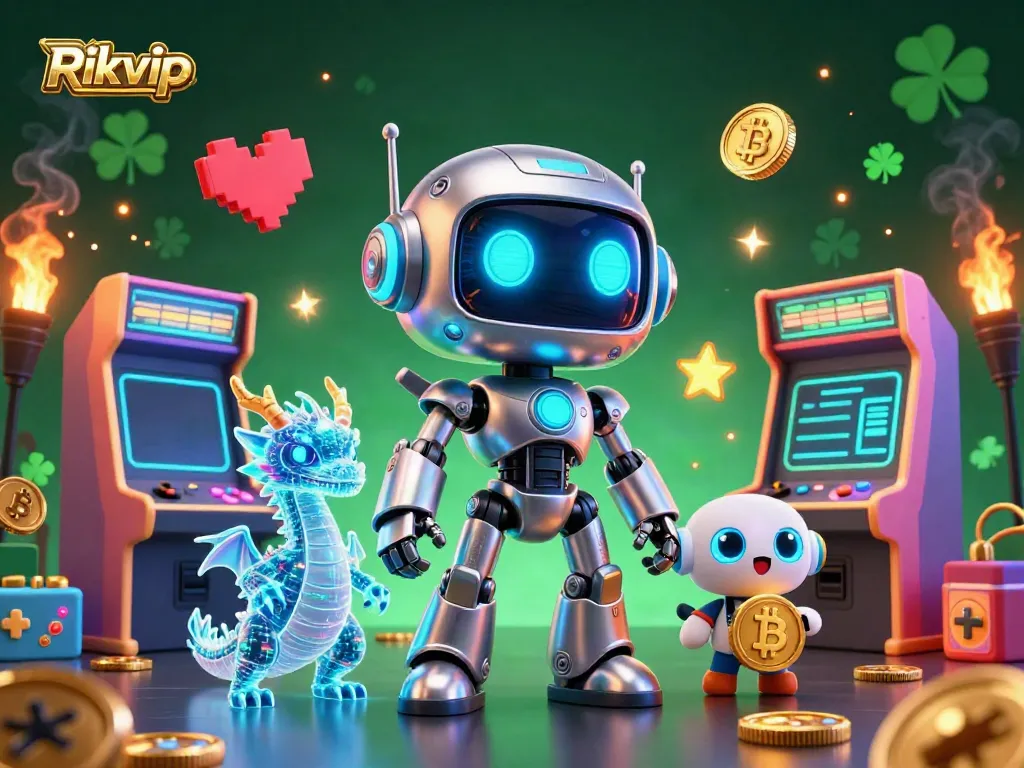 Engage in thrilling moments at Rikvip casino with a vibrant 3D cyberpunk-themed illustration.