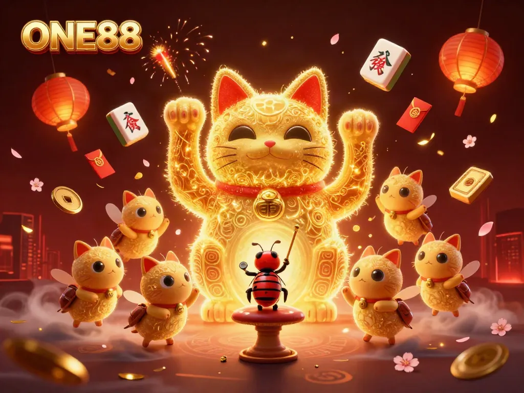 ONE88 showcases a dynamic scene with a lucky cat and casino symbols, creating excitement.