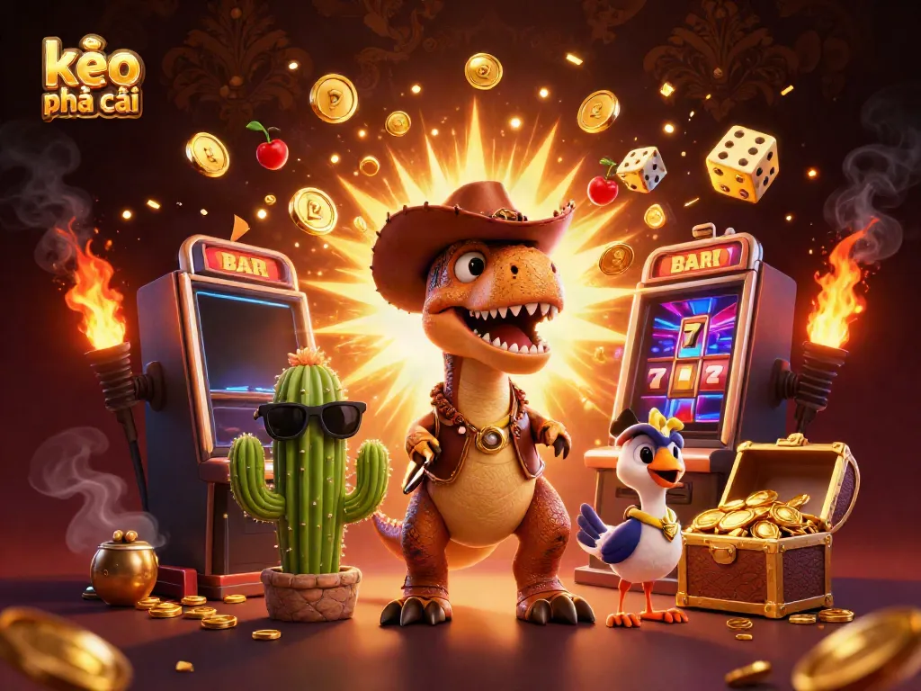 Experience kèo nhà cái with a dynamic cartoon scene featuring a T-Rex, cactus, and roadrunner amid casino elements.
