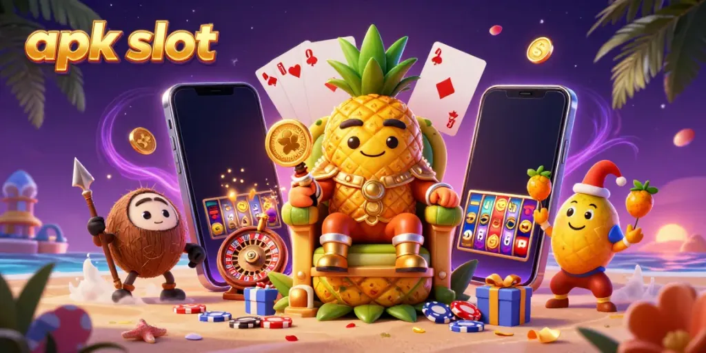 Experience the excitement of apk slot with this vibrant casino-themed illustration featuring a pineapple king and friends.