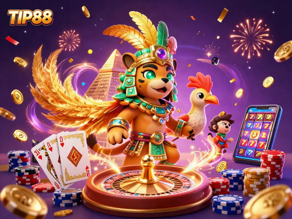 Experience the excitement of TIP88 with a dynamic casino scene featuring vibrant characters and thrilling gaming elements.