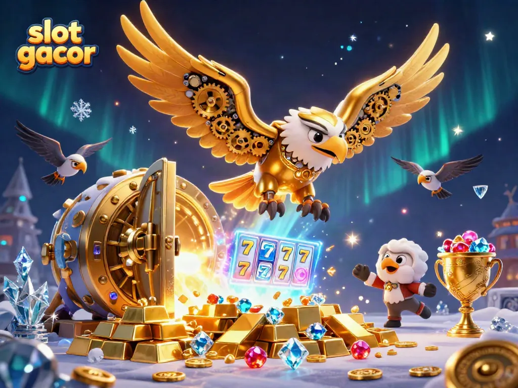 Experience the thrill of slot gacor with vibrant 3D imagery of cybernetic characters and gleaming treasures.
