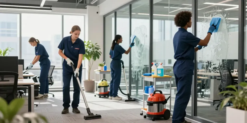 Professionelles Reinigungsteam bei DISE Cleaning in modernem Büro, das für Sauberkeit und Qualität sorgt.