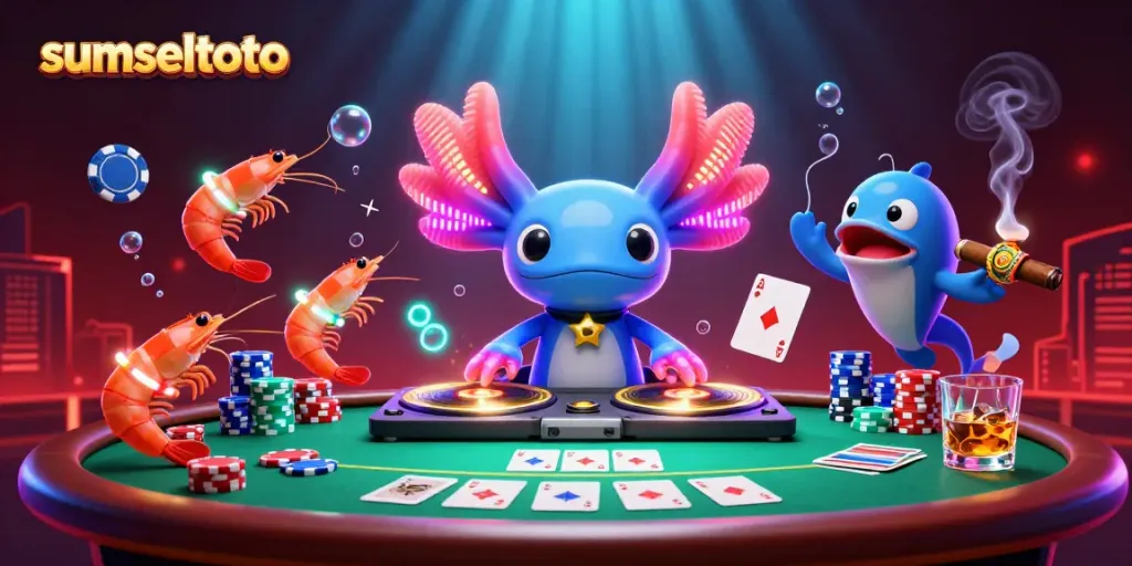 Experience the excitement at sumseltoto with a vibrant underwater DJ party featuring a unique axolotl spin and poker elements.
