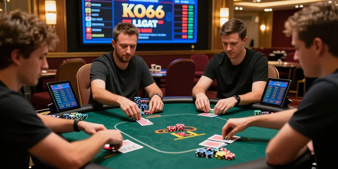 Engaged players at KO66 poker table with vibrant chips and exciting atmosphere.