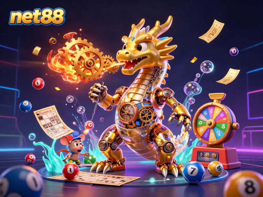 Bet on net88 with a vibrant illustration of a biomechanical dragon amidst falling lottery elements.