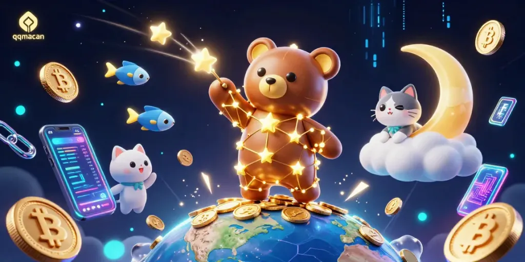 Engage with real-time gaming at qqmacan, featuring vibrant cartoon characters and crypto elements.