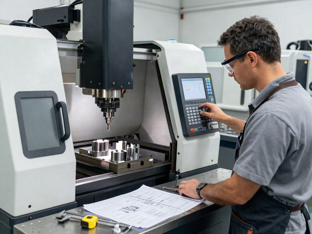 Expert machinist at a CNC machining parts manufacturer adjusting a milling machine in a high-tech workshop.
