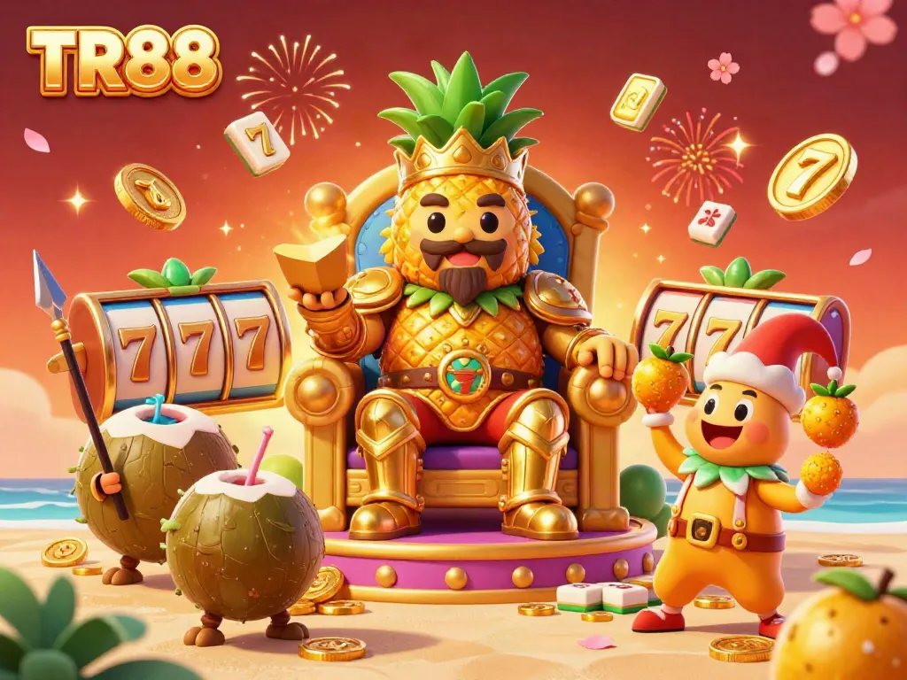 Experience the excitement of TR88 with dynamic casino elements, featuring the golden pineapple king and vibrant tropical decor.