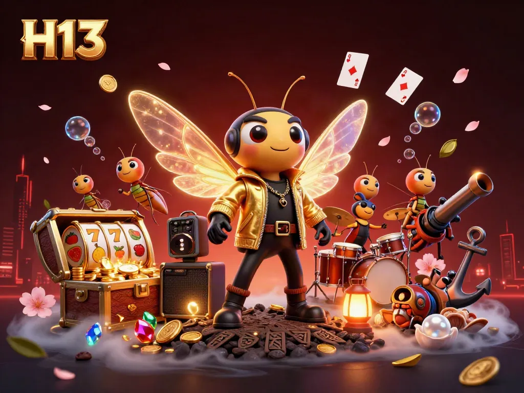 Experience H13 action as a cartoon cicada rock star and band celebrate big wins in a lively casino scene.