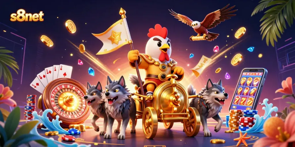 S8net casino adventure with a golden war chariot and roaring jackpots, showcasing rich gaming elements.