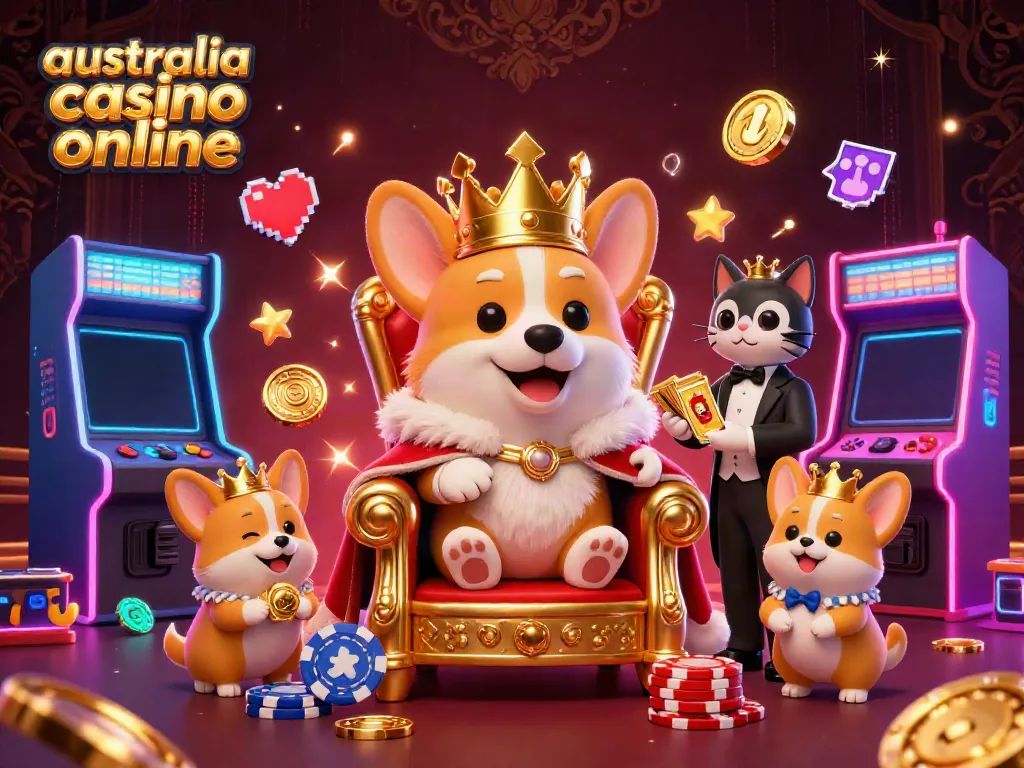 Engaging scene of a royal corgi in casino-themed illustration, showcasing australia casino online with vibrant gaming elements.