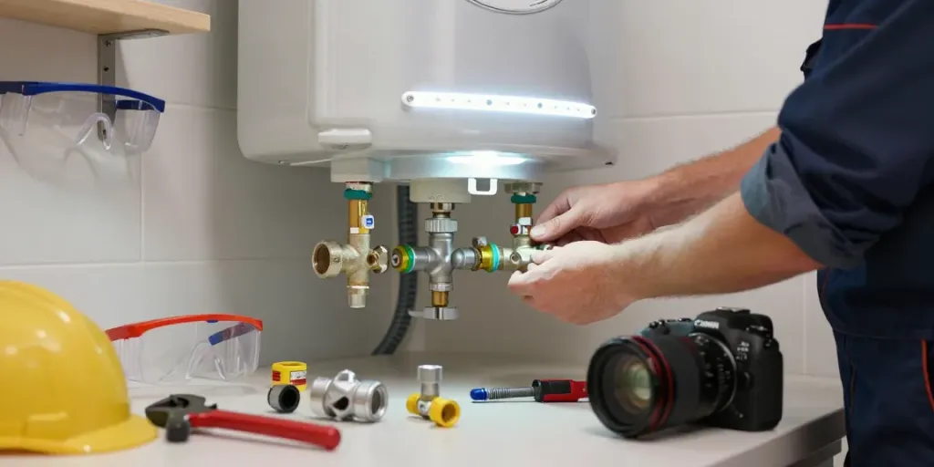 Technician installing hot water tanks in a bright utility room.