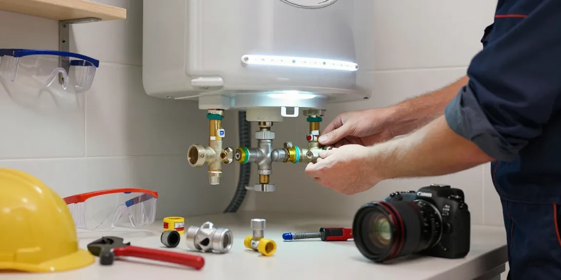 Technician installing hot water tanks in a bright utility room.
