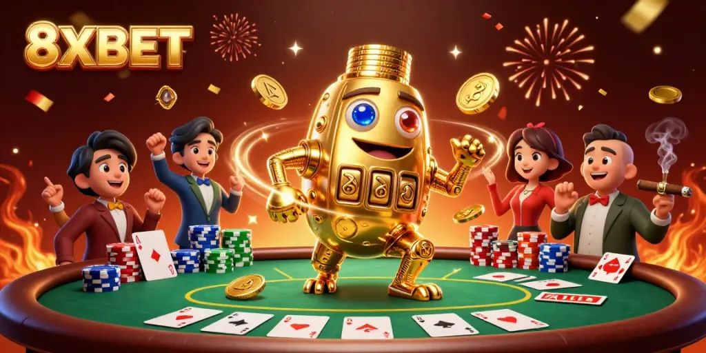 8XBET gambling scene featuring a dynamic ancient golden golem surrounded by poker elements and vibrant celebration effects.