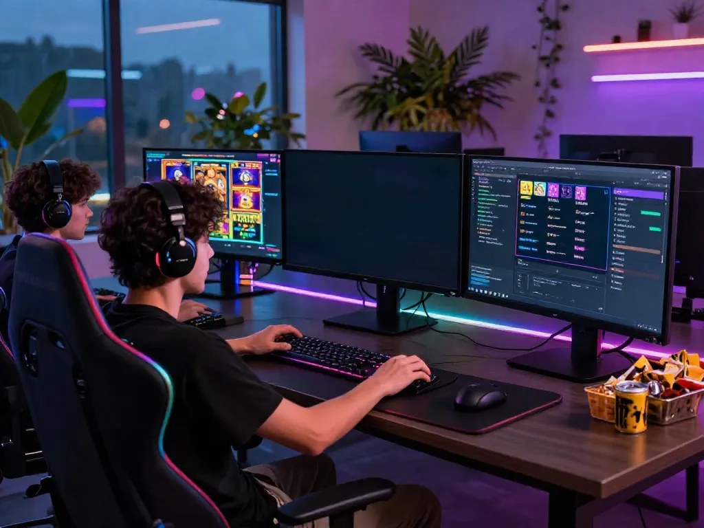 Gamer enjoying a luxury online gaming experience on a high-end PC with vibrant game displays on triple monitors.