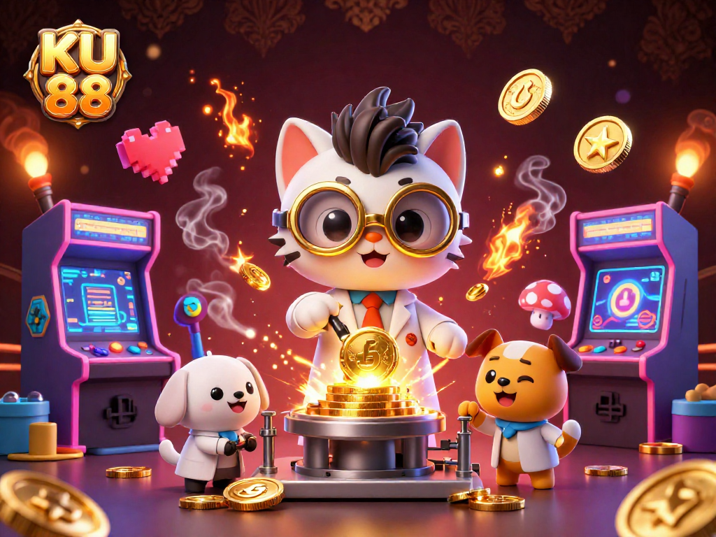 Experience excitement and winning at KU 88 with vibrant 3D casino-themed illustration.