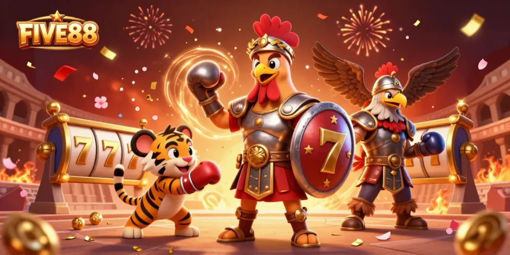 Experience the excitement at FIVE88 with vibrant slot reels and dynamic characters in a 3D casino setting.