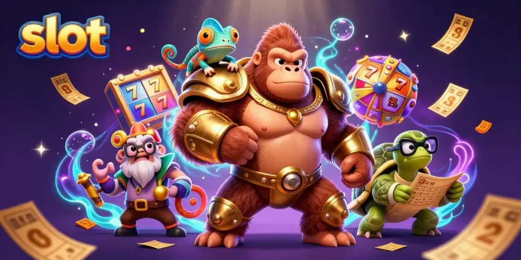 Engage with exciting slot games in this vibrant 3D casino illustration featuring colorful characters and dynamic elements.