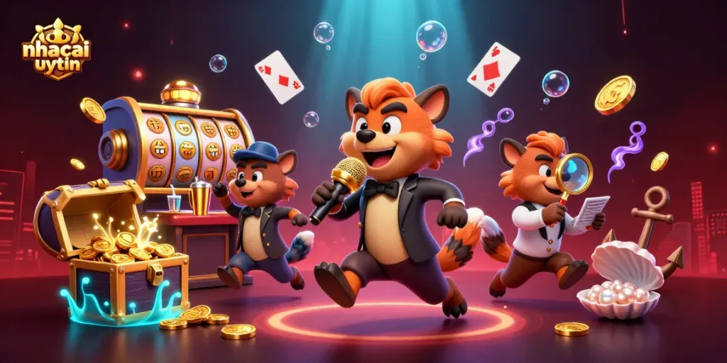 Experience the dynamic fun of nhacaiuytin with cartoon hyenas in a casino scene, mixing drinks and performing comedy.