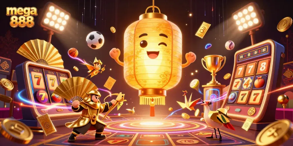 Experience dynamic casino action with mega 888 featuring vibrant slot reels, lucky symbols, and energetic spirits.