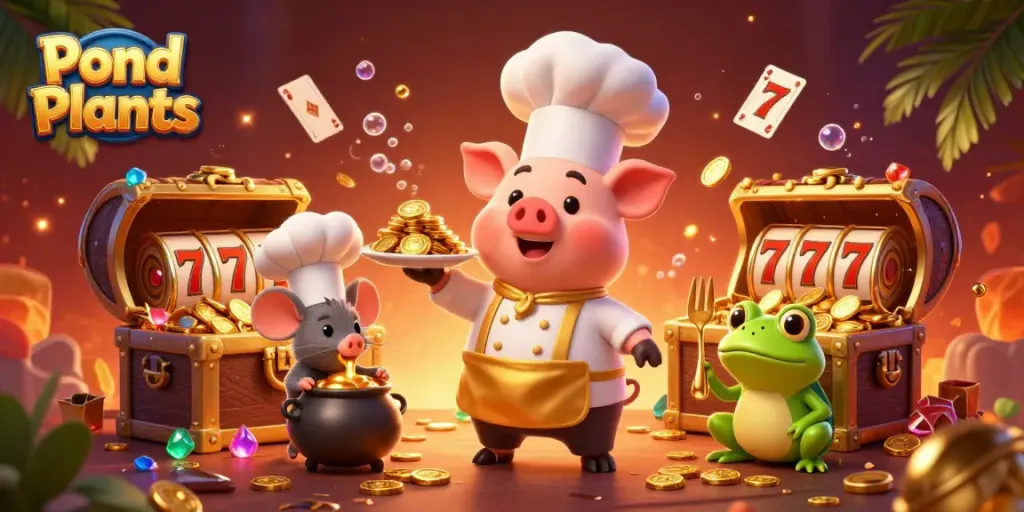 Pond Plants illustration showcasing a pig chef serving gold coins while a sous-chef mouse and a frog critic explore casino elements.