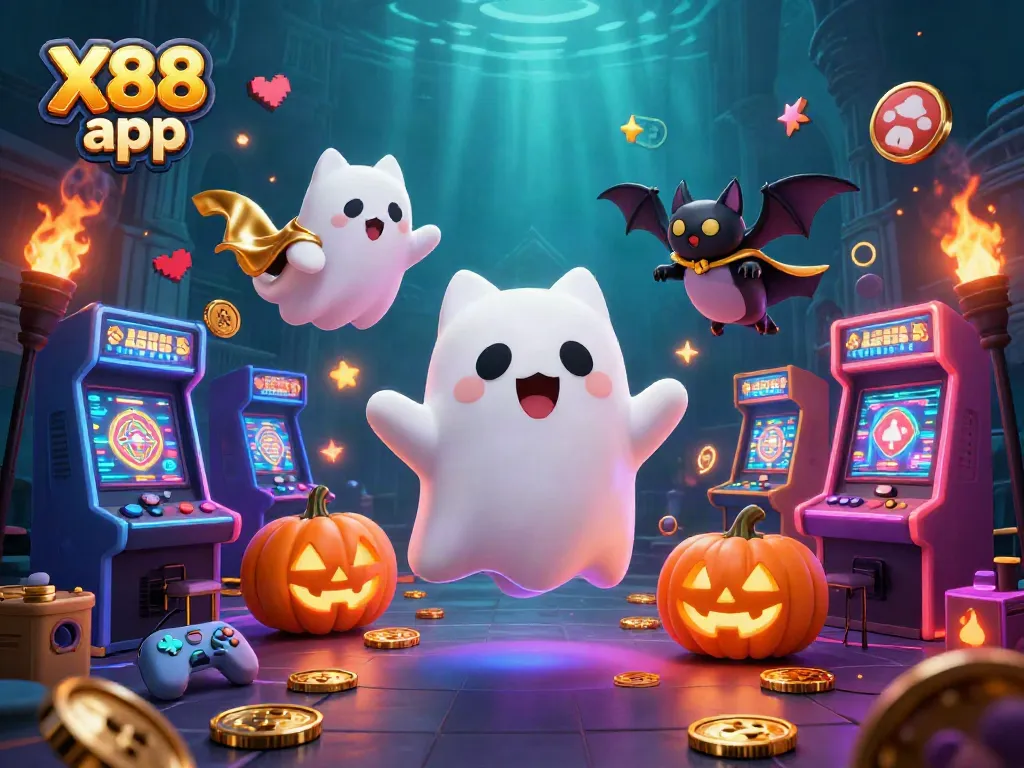 Engage with the X88 app in a vibrant casino representation featuring a ghost cat and a bat, amid dynamic gaming elements.