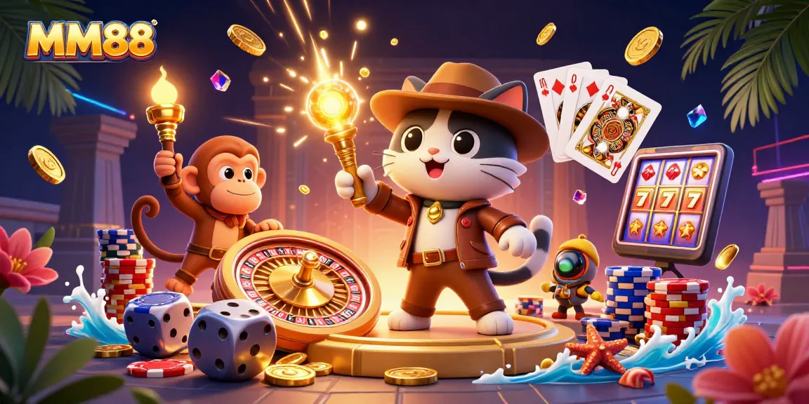 Experience thrilling gaming with MM88's vibrant 3D illustration showing casino treasures and energetic characters.