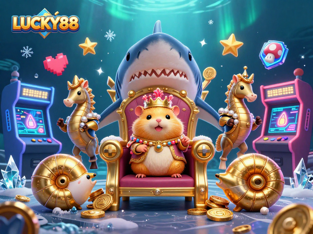 LUCKY88 brings fun and excitement with a fierce hamster king and seahorse guards in a colorful casino scene.