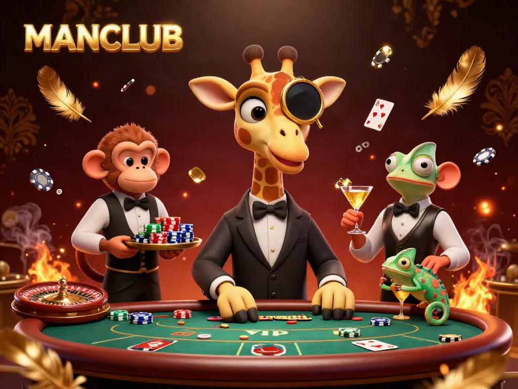 Experience thrilling gameplay at MANCLUB with an extravagant casino scene featuring a high-roller giraffe and vibrant game elements.