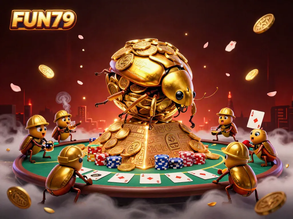 Experience the thrill of FUN79 with golden beetles rolling coins, poker, and vibrant casino action.