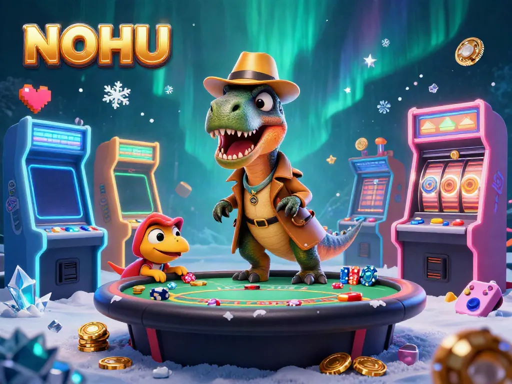 Experience the vibrant casino scene at NOHU with a clever velociraptor card counter and dynamic game elements.