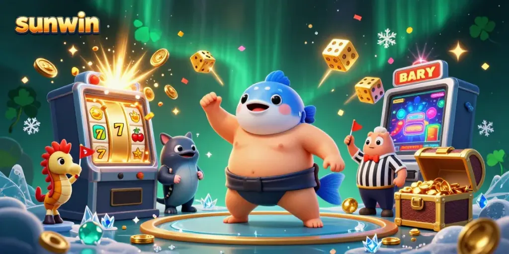 Immerse in the excitement of sunwin with a thrilling underwater casino scene featuring a giant fugu, seahorse fans, and jackpot wins!
