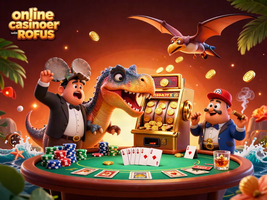 Experience the excitement of online casinoer uden ROFUS with vibrant illustrations of a dinosaur-themed jackpot scene.