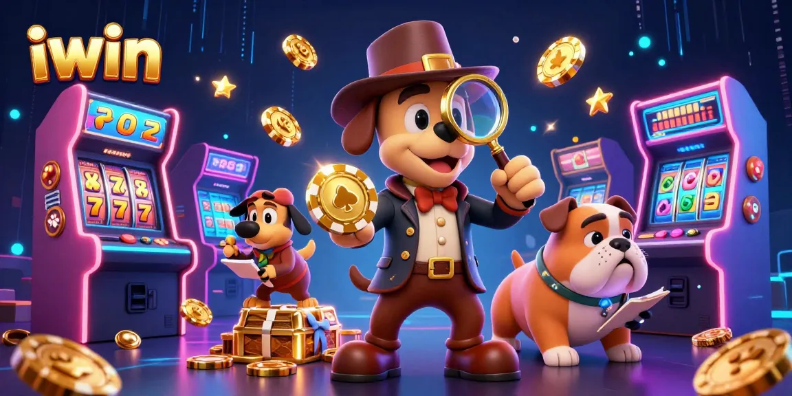Play iwin's exciting casino games, featuring a bloodhound detective and colorful slots in action.