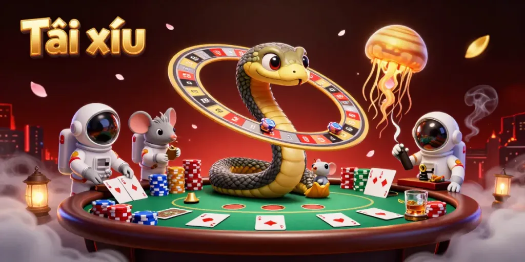 Experience the thrilling action of Tài xỉu with vibrant cosmic characters in a dynamic casino scene.