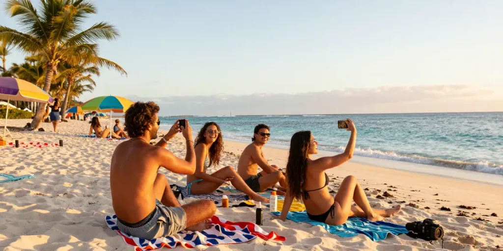 Friends enjoying Canarian news moment on a tropical beach at sunset.