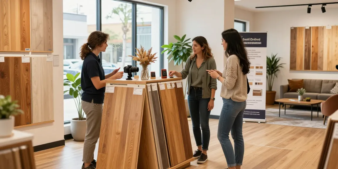 Engaging flooring business software demo in a vibrant showroom.