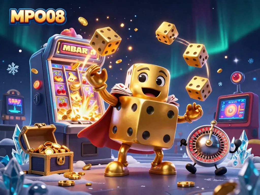 Experience the excitement of MPO08 with a whimsical golden dice golem and casino elements in action.