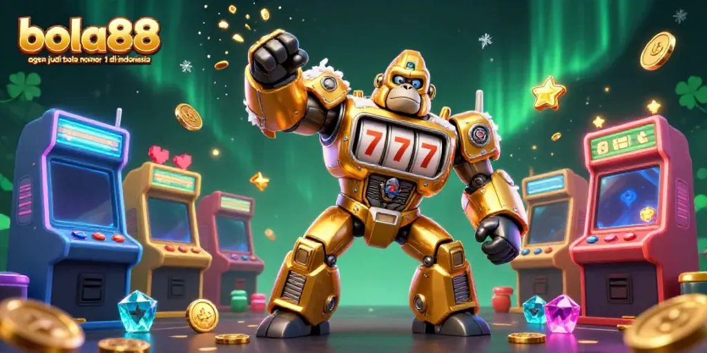 Bola88 agen judi bola nomor 1 di Indonesia showcases a dynamic 3D scene with gaming elements and vibrant graphics.