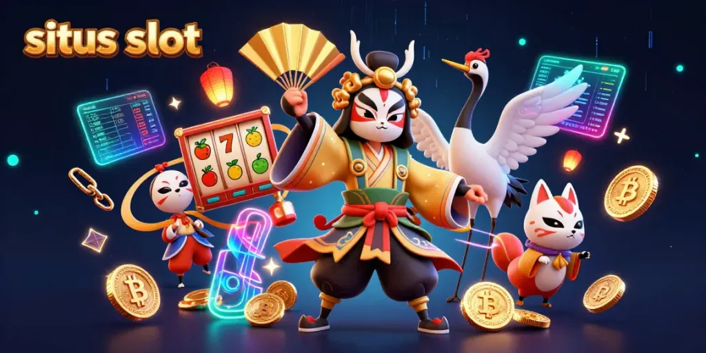 Engaging illustration of situs slot featuring vibrant characters and slot game elements, all set against a dynamic background.