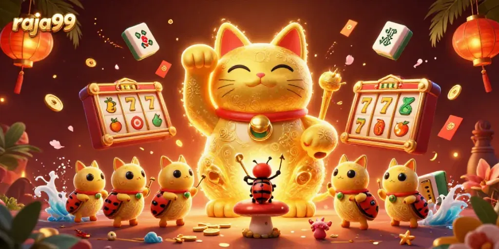 Engage in thrilling games at raja99, highlighted by a dynamic lucky cat and casino symbols.