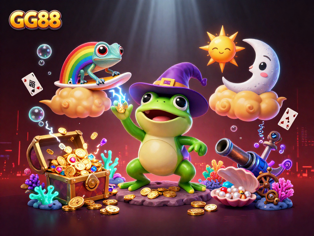 Experience GG88's vibrant casino energy with a whimsical storm of coins and playful characters.