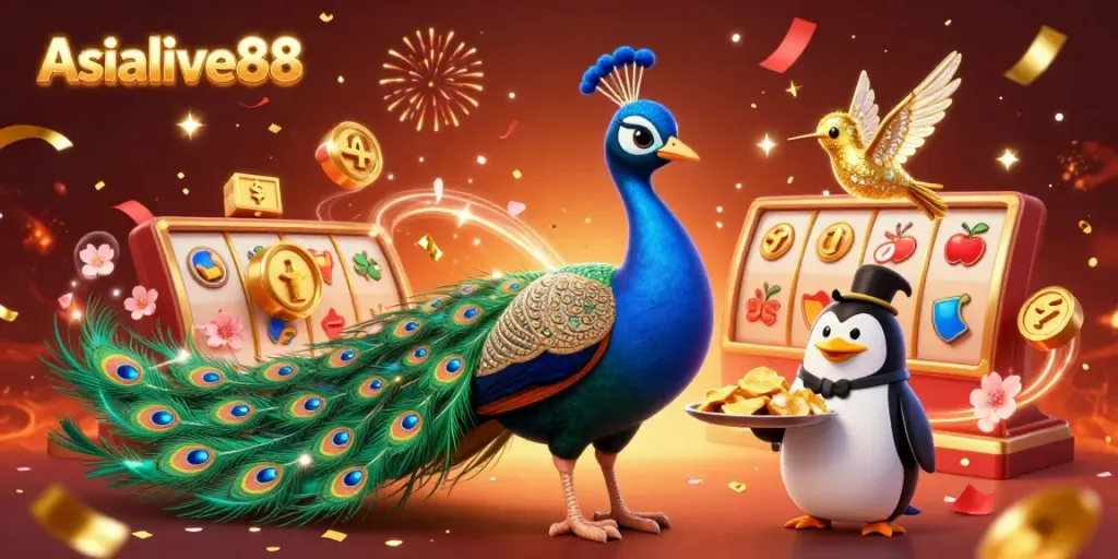 Experience exciting gameplay at Asialive88 with characters celebrating in a vibrant casino scene filled with slot machines and confetti.