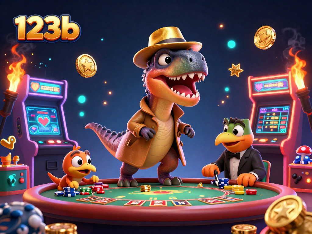 Engaging 123b illustration showcasing a velociraptor at a blackjack table amidst vibrant casino elements.