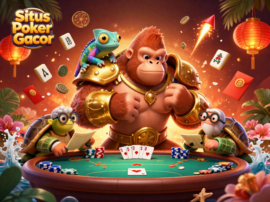 Situs Poker Gacor showcases a dynamic casino scene filled with poker elements, vibrant characters, and celebratory decorations.