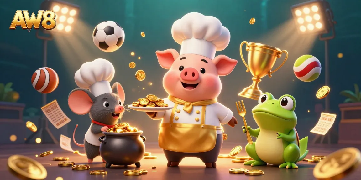 AW8 showcases a dynamic casino scene with gourmet gold coins, sports balls, and vibrant characters.