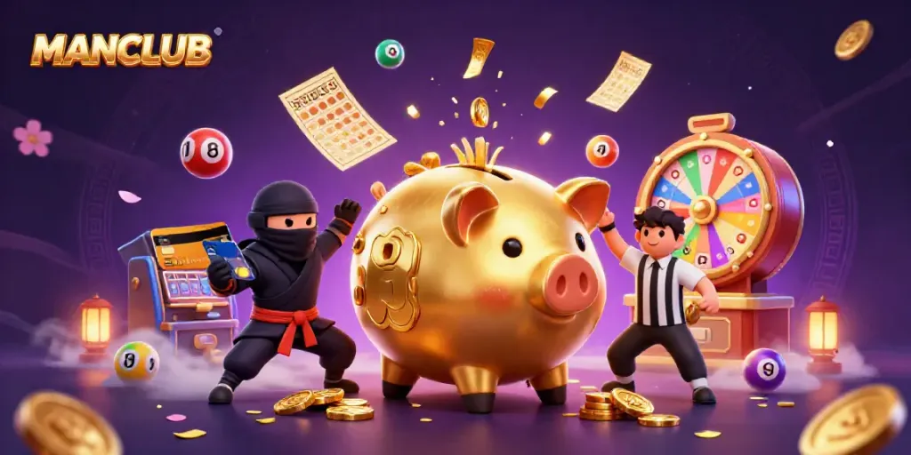 Engage with MANCLUB as a sumo wrestler piggy bank stomps amidst vibrant lottery scenes.