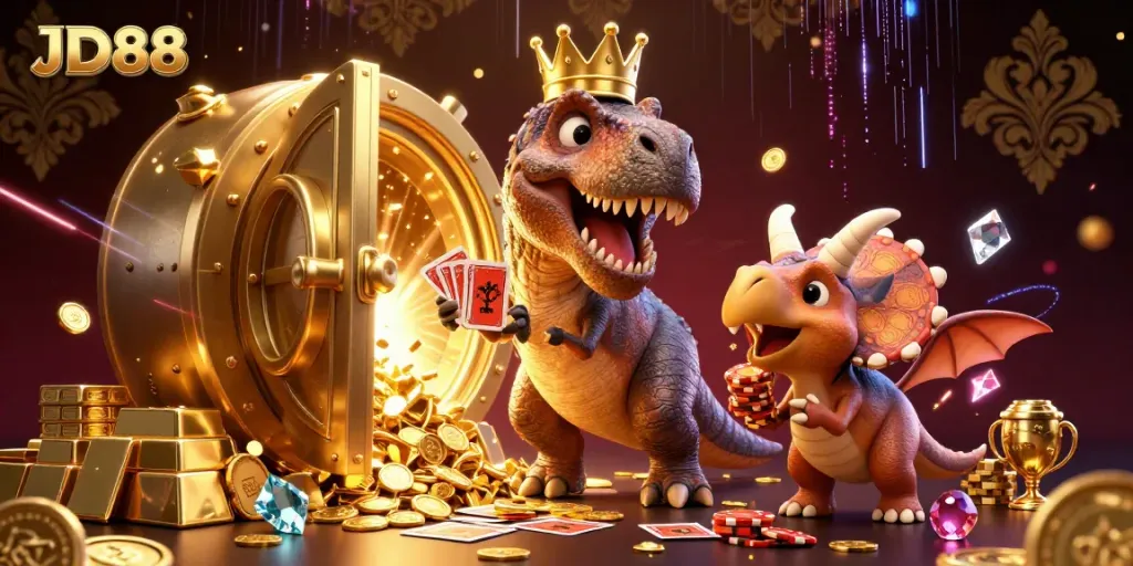 Engage in thrilling games at JD88 with vibrant casino elements and playful characters.